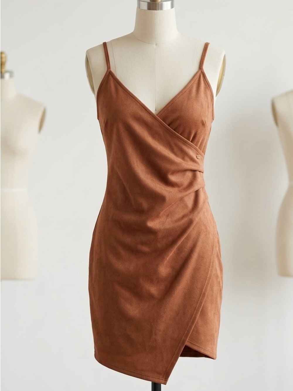 Brown Draped Slip Dress with Spaghetti Straps